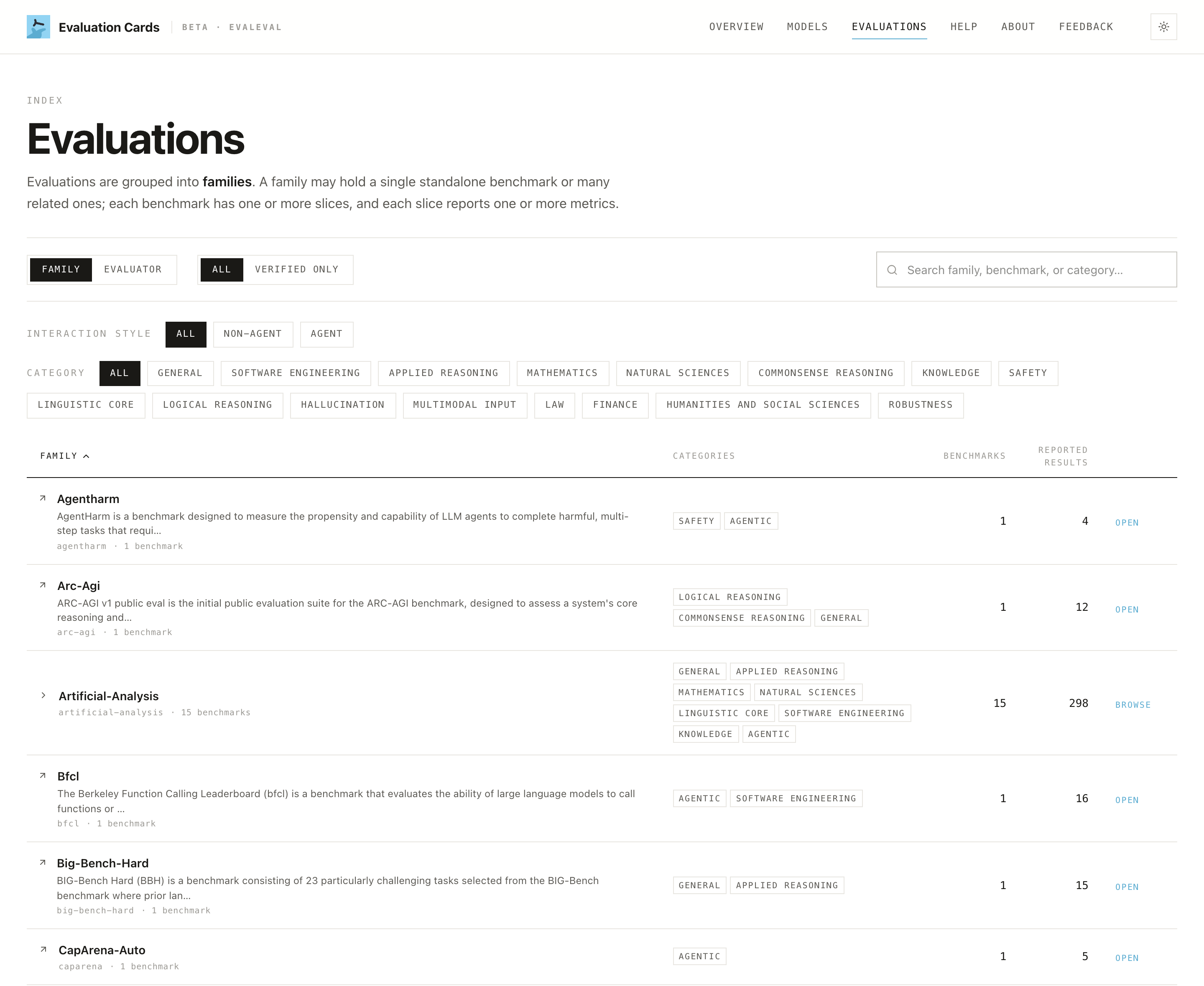 The Evaluations list of benchmark families.