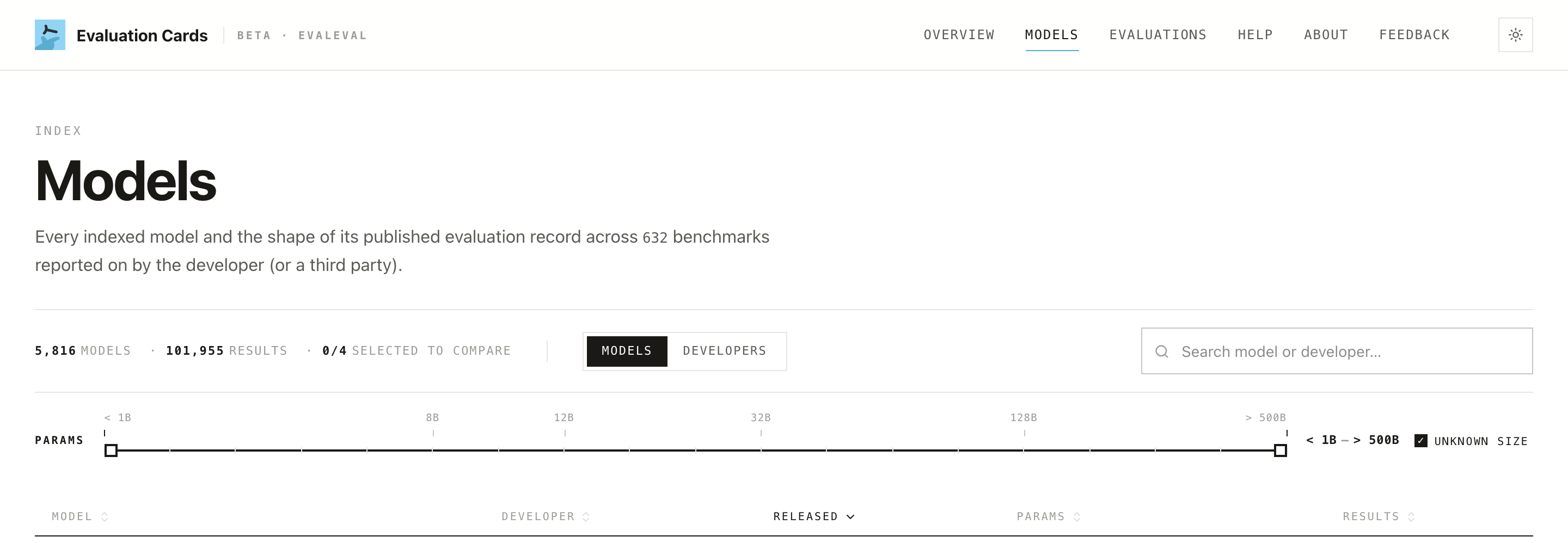 The Models index controls parameter slider, Models/Developers toggle, "selected to compare" counter.