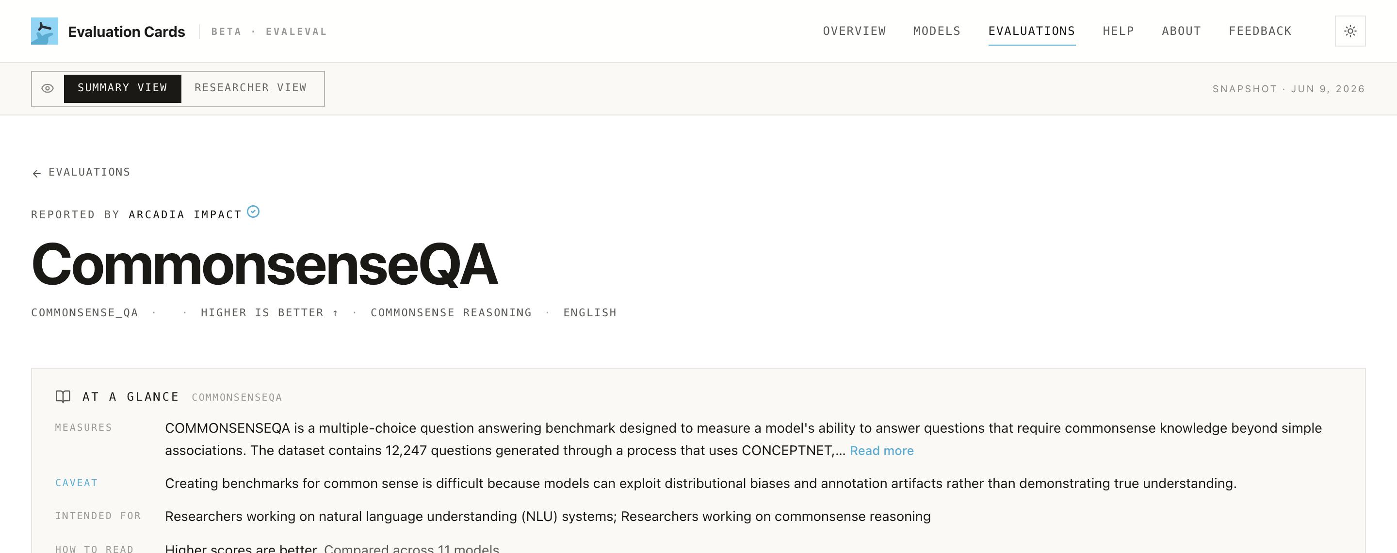 A benchmark's "At a glance" box: what it measures and its main caveat.